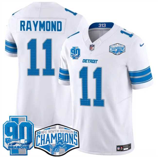 Mens Detroit Lions #11 Kalif Raymond White 2024 NFC North Champions 90th Anniversary Patch F.U.S.E. Vapor Limited Stitched Jersey